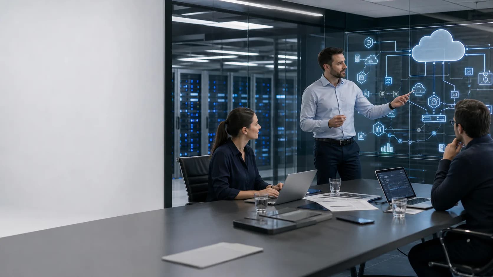 Enterprise cloud infrastructure planning session with architecture visualization