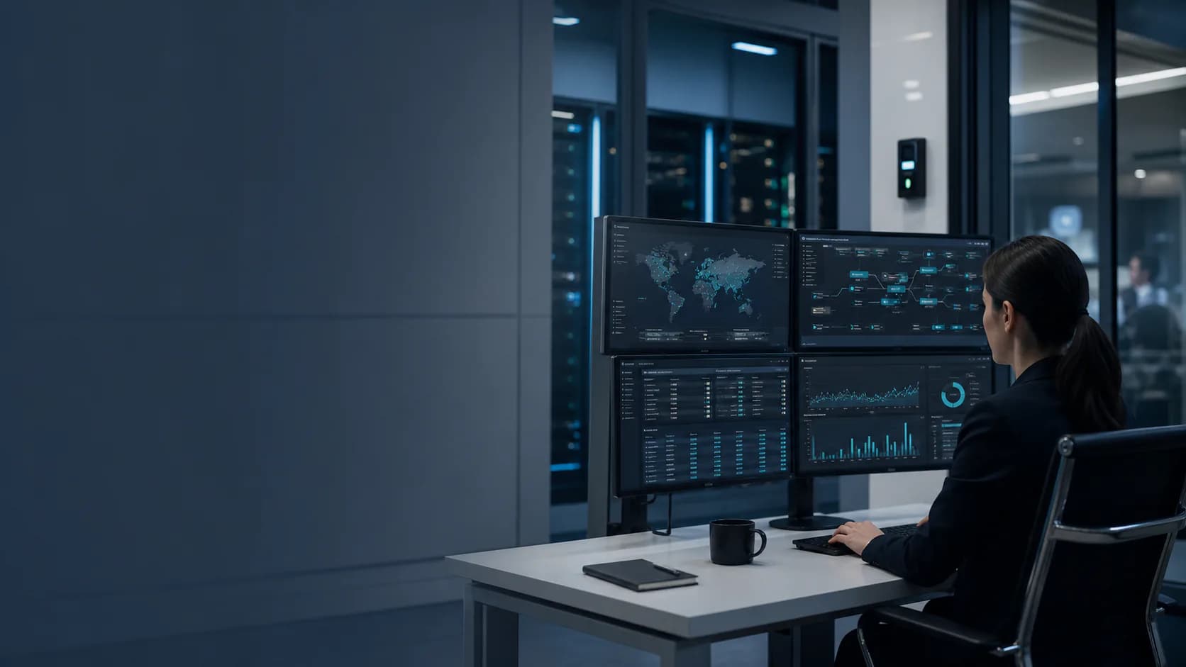 Security operations desk monitoring business infrastructure and compliance signals