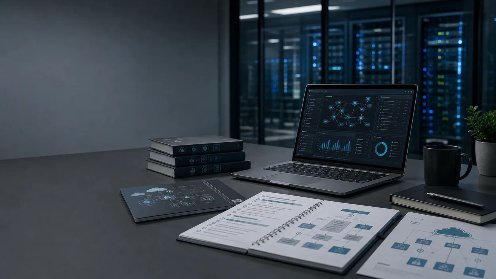 Technical resources desk with infrastructure diagrams, playbooks, and monitoring dashboard