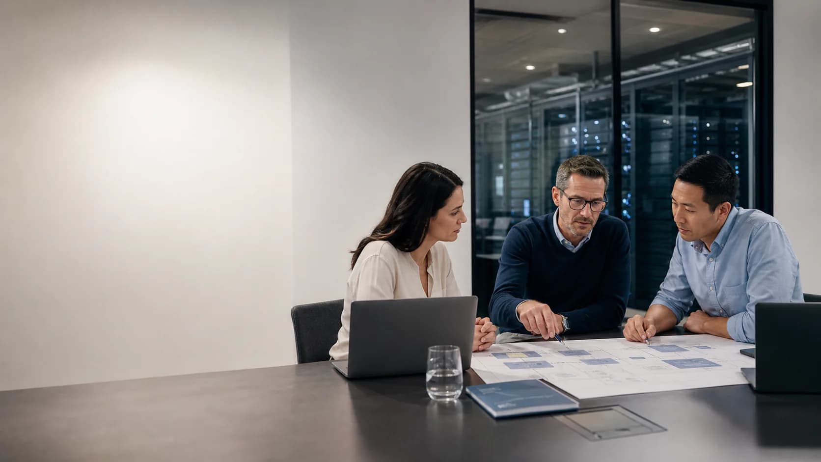 IT consultants reviewing infrastructure plans in a professional meeting room