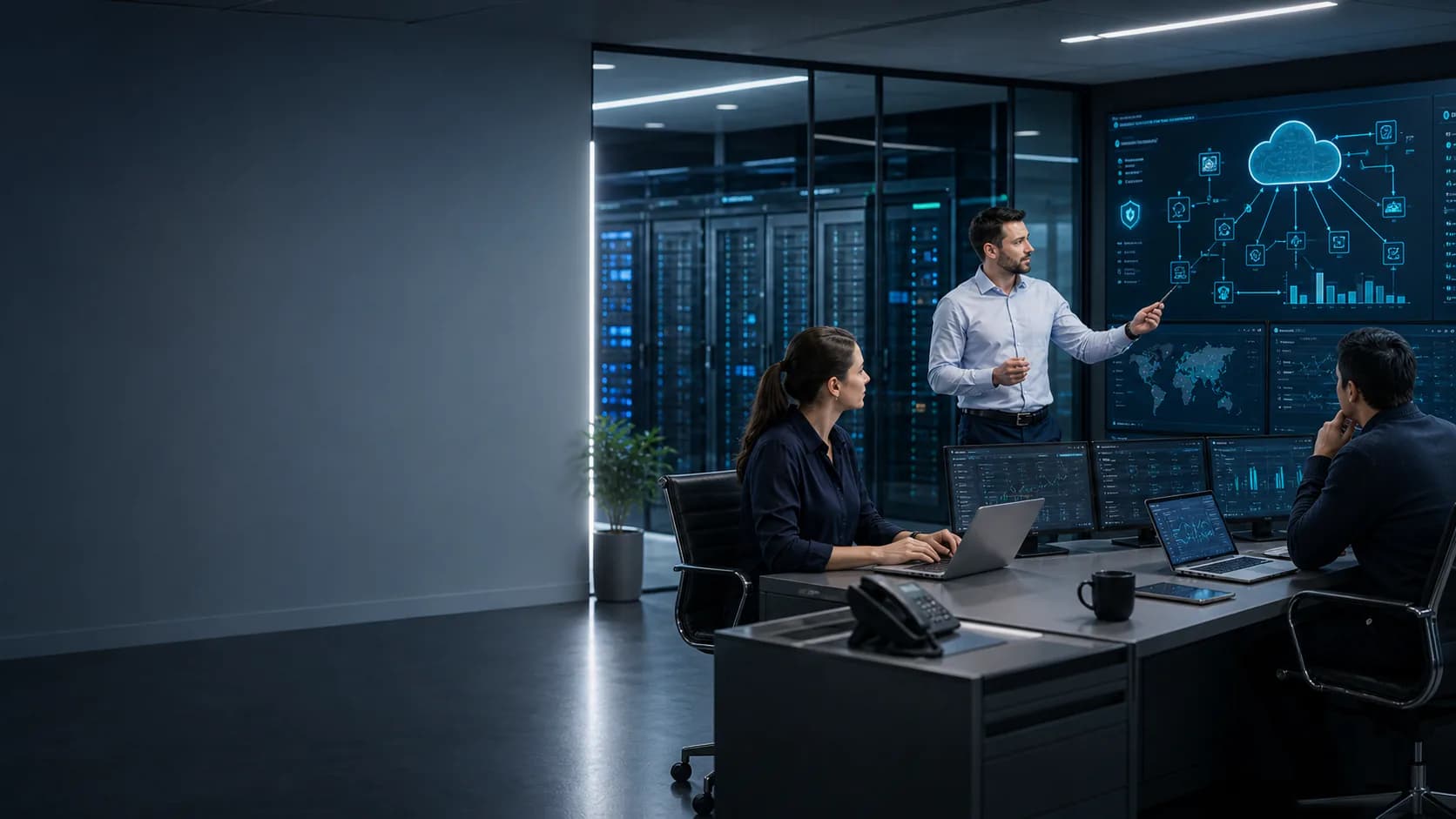 Enterprise IT operations team reviewing cloud infrastructure and monitoring dashboards
